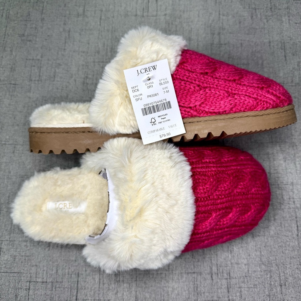 J. Crew Slippers Pink Cable Knit Fur Slippers Size 7 8 9 NWT - Picture 12 of 16